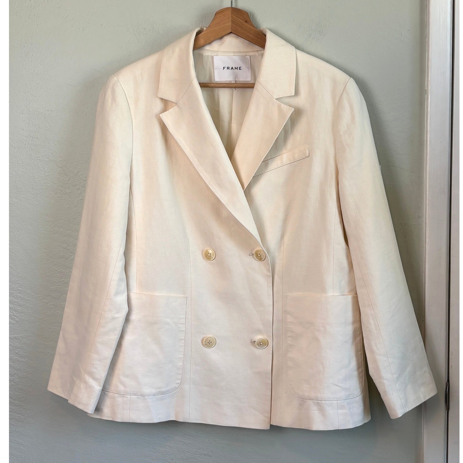Frame Linen Blend Double Breasted Blazer Bone White Womens 10 Lwot0103